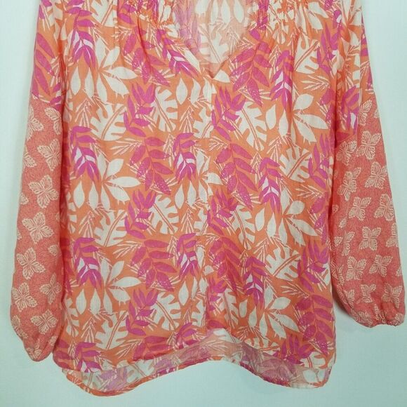 Sigrid Olsen Women Linen Mix Print Smocked Neck Peasant Top Sz S Blouse Beach - Picture 3 of 6